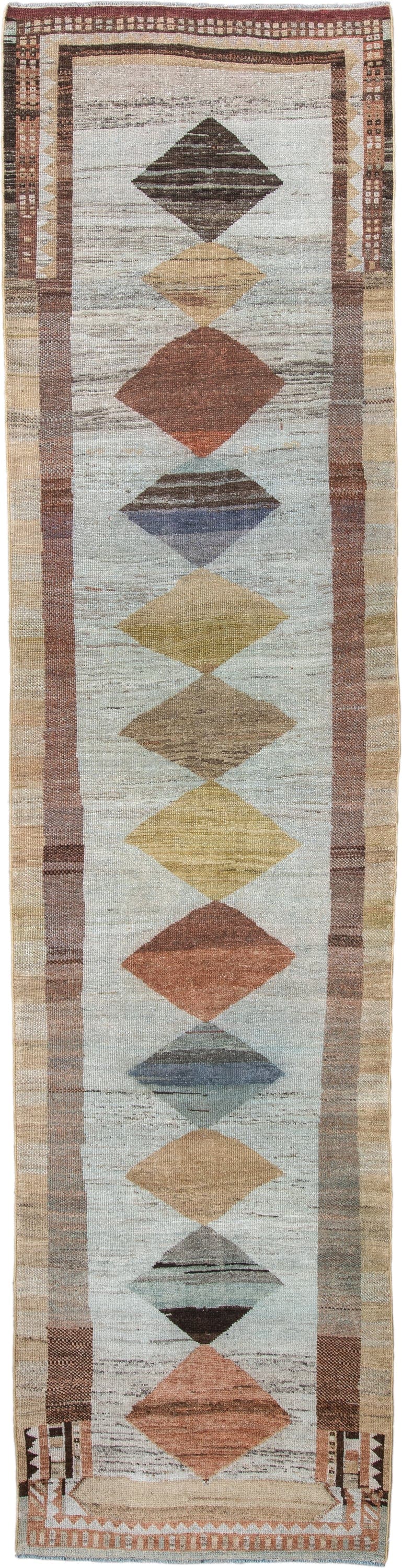 3' x 12' one-of-a-kind handmade vintage Gabbe runner rug. Color palette: ivory, taupe, rust, camel, slate, brown, sage