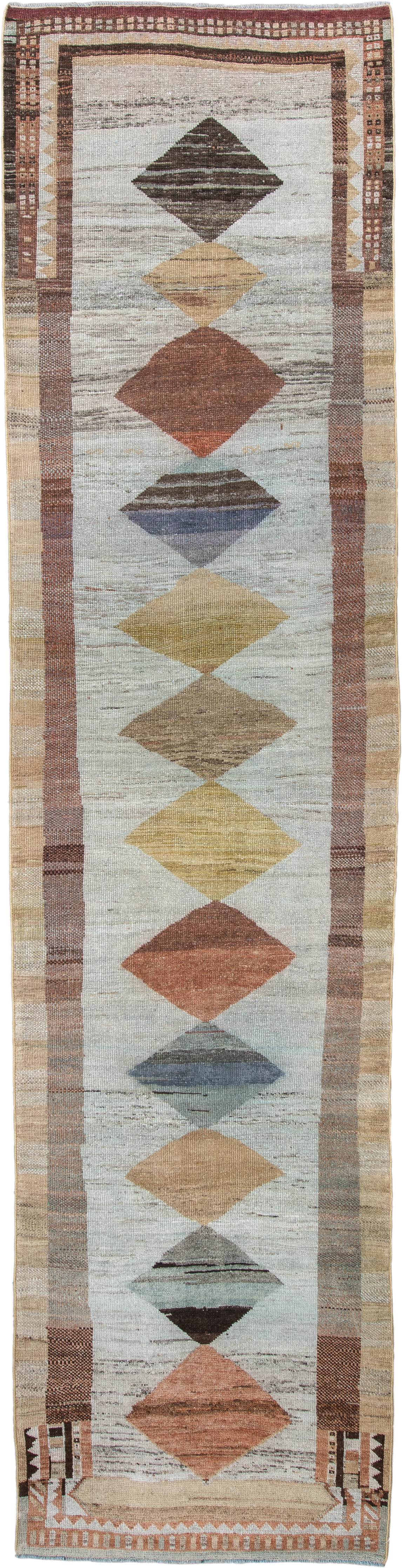 3' x 12' one-of-a-kind handmade vintage Gabbe runner rug. Color palette: ivory, taupe, rust, camel, slate, brown, sage