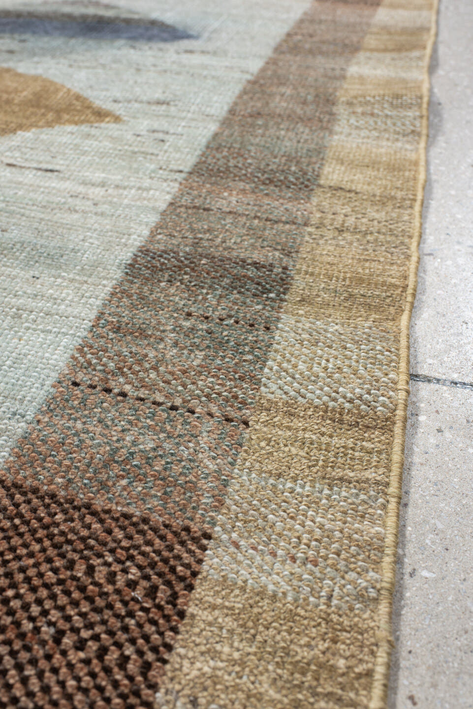 3' x 12' one-of-a-kind handmade vintage Gabbe runner rug. Color palette: ivory, taupe, rust, camel, slate, brown, sage