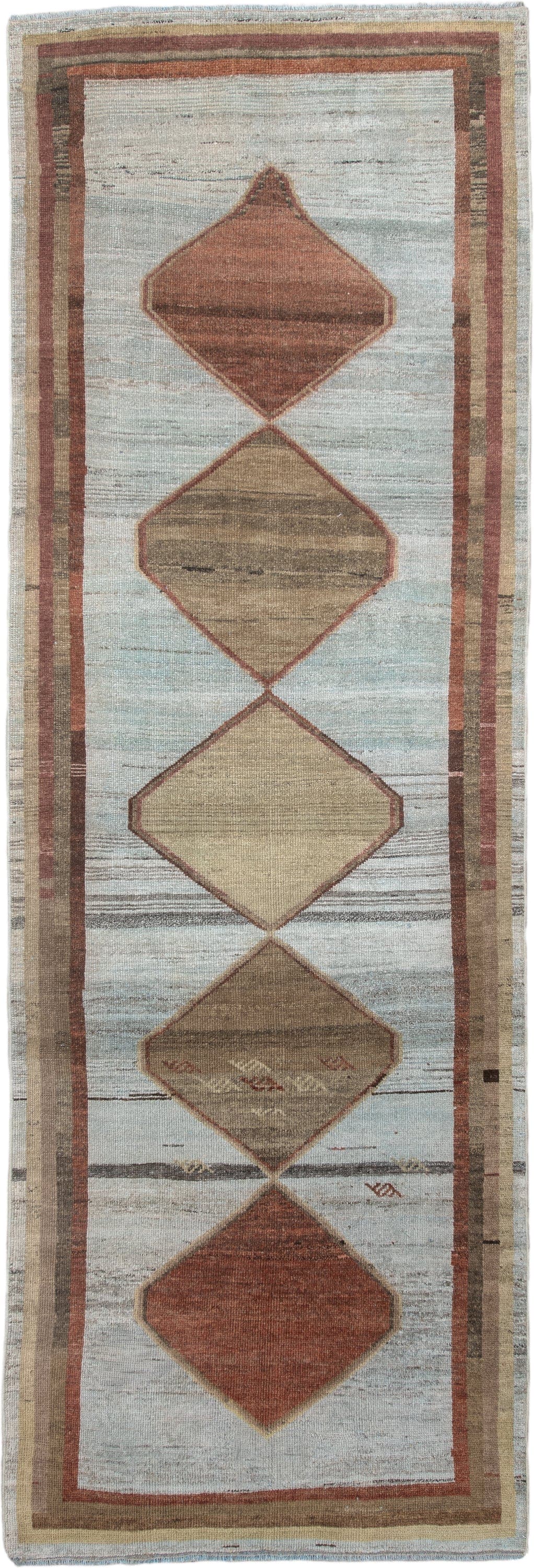 3' x 10' one-of-a-kind handmade antique Gabbe runner rug. Color palette: ivory, taupe, rust, camel, brown, sand, rose, beige