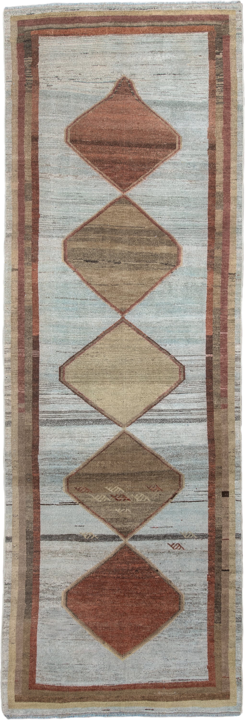 3' x 10' one-of-a-kind handmade antique Gabbe runner rug. Color palette: ivory, taupe, rust, camel, brown, sand, rose, beige