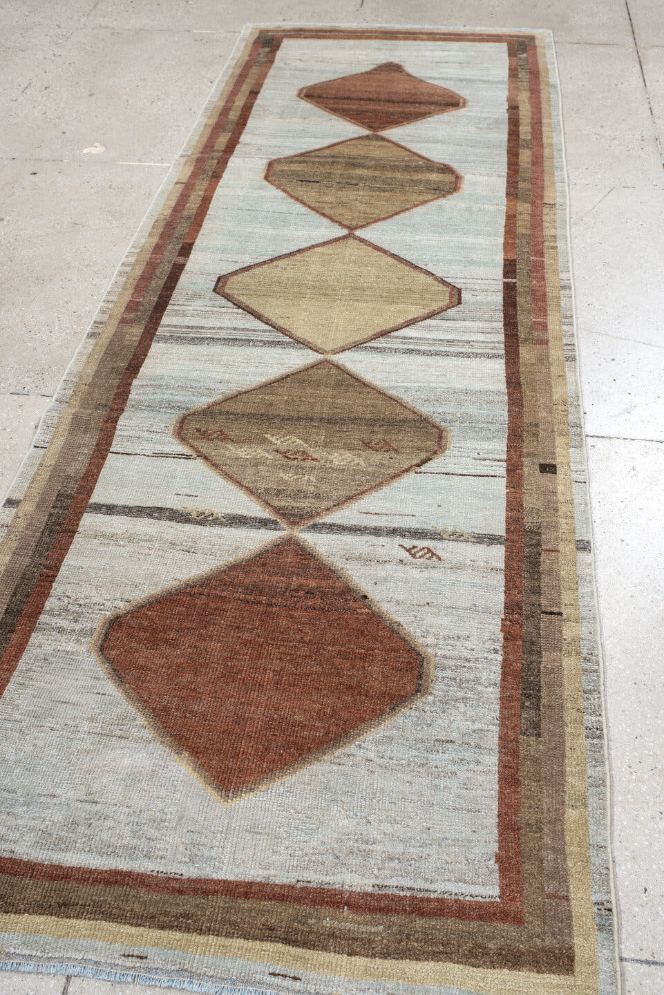 3' x 10' one-of-a-kind handmade antique Gabbe runner rug. Color palette: ivory, taupe, rust, camel, brown, sand, rose, beige