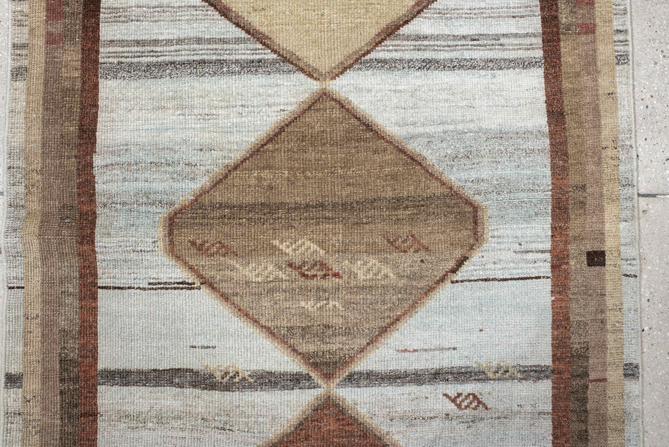 3' x 10' one-of-a-kind handmade antique Gabbe runner rug. Color palette: ivory, taupe, rust, camel, brown, sand, rose, beige