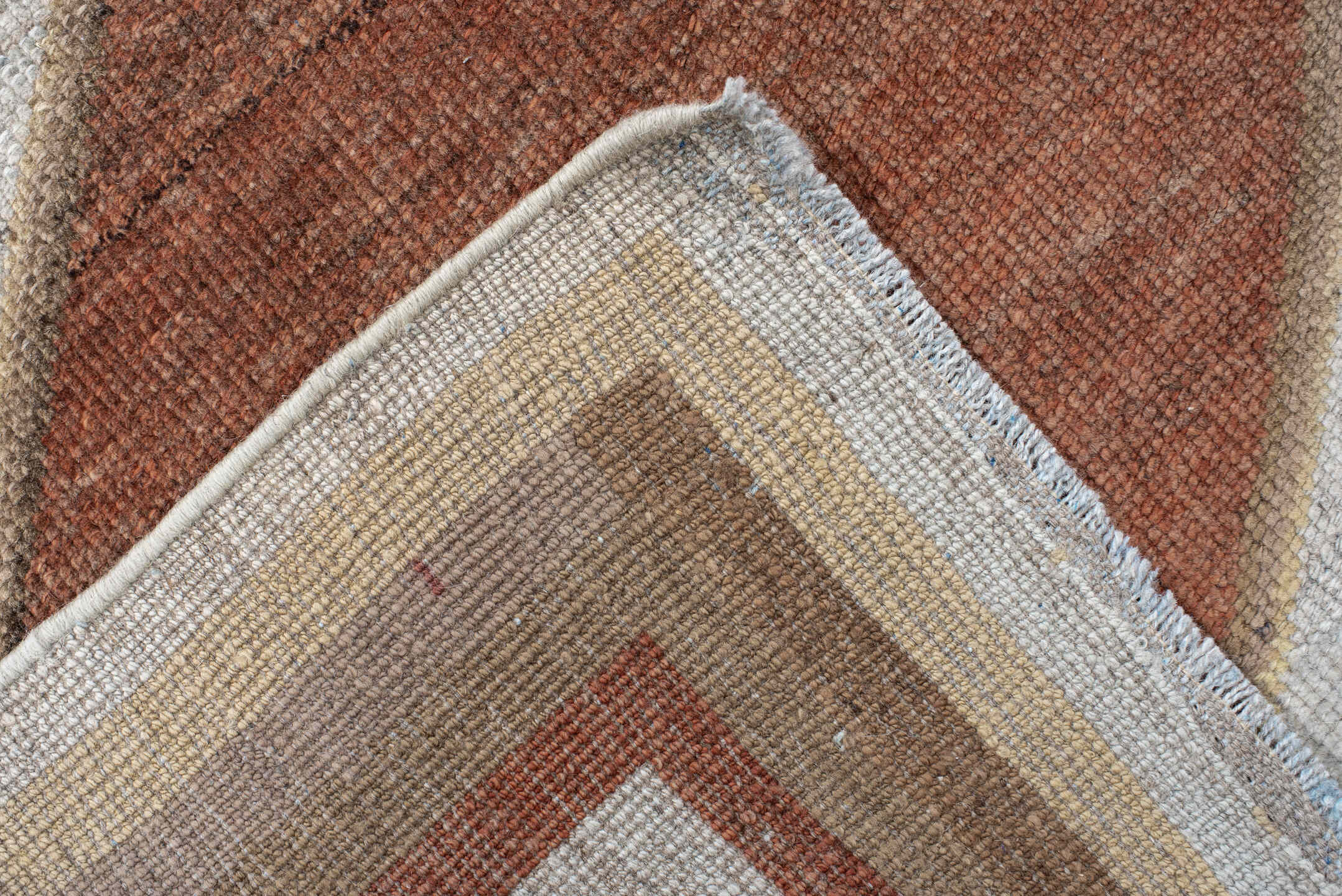 3' x 10' one-of-a-kind handmade antique Gabbe runner rug. Color palette: ivory, taupe, rust, camel, brown, sand, rose, beige