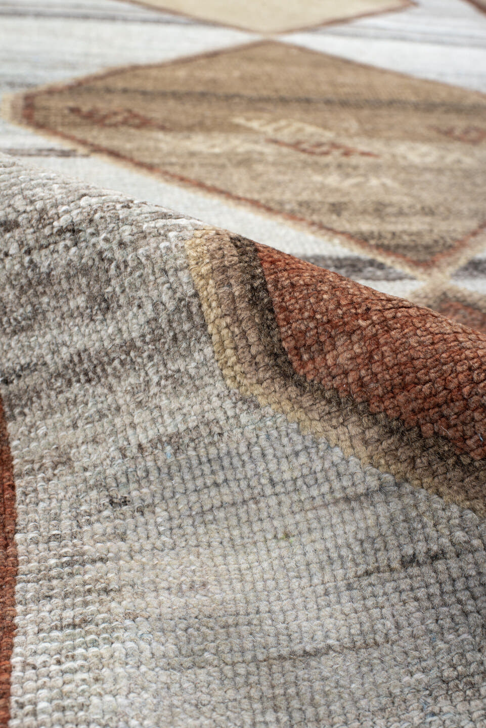 3' x 10' one-of-a-kind handmade antique Gabbe runner rug. Color palette: ivory, taupe, rust, camel, brown, sand, rose, beige