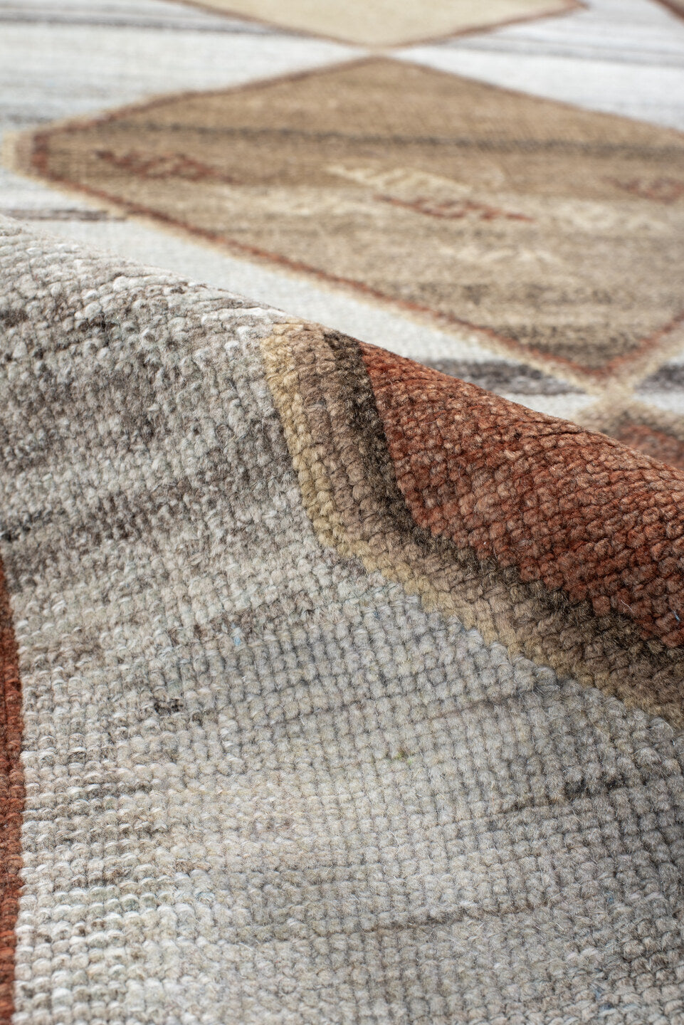 3' x 10' one-of-a-kind handmade antique Gabbe runner rug. Color palette: ivory, taupe, rust, camel, brown, sand, rose, beige