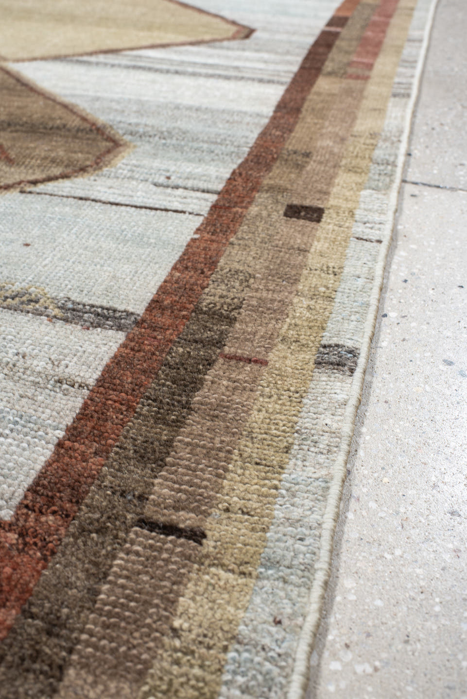 3' x 10' one-of-a-kind handmade antique Gabbe runner rug. Color palette: ivory, taupe, rust, camel, brown, sand, rose, beige