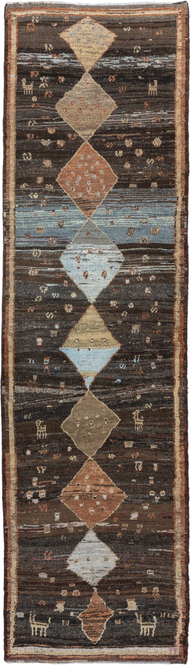 3' x 11' one-of-a-kind handmade vintage Gabbe runner rug. Color palette: charcoal, ivory, camel, sky blue, rust, taupe