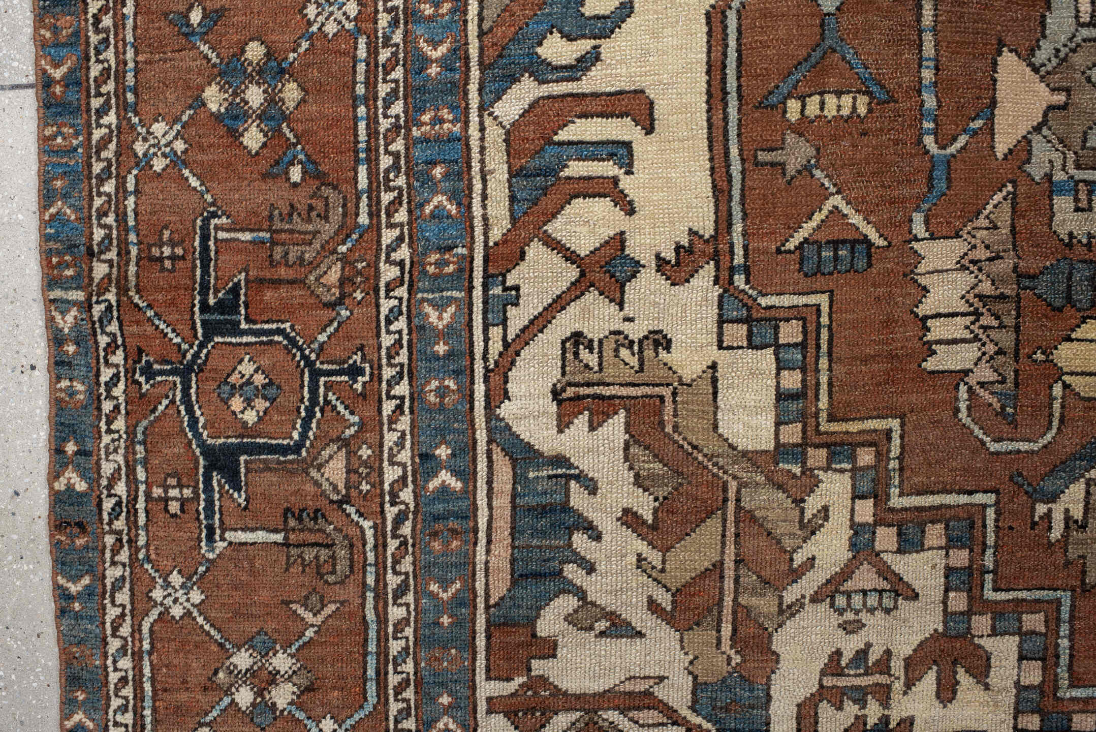 11' x 14' one-of-a-kind handmade vintage Serapi oversize rug. Color palette: gray, blue, brown, black, off-white, dark gray