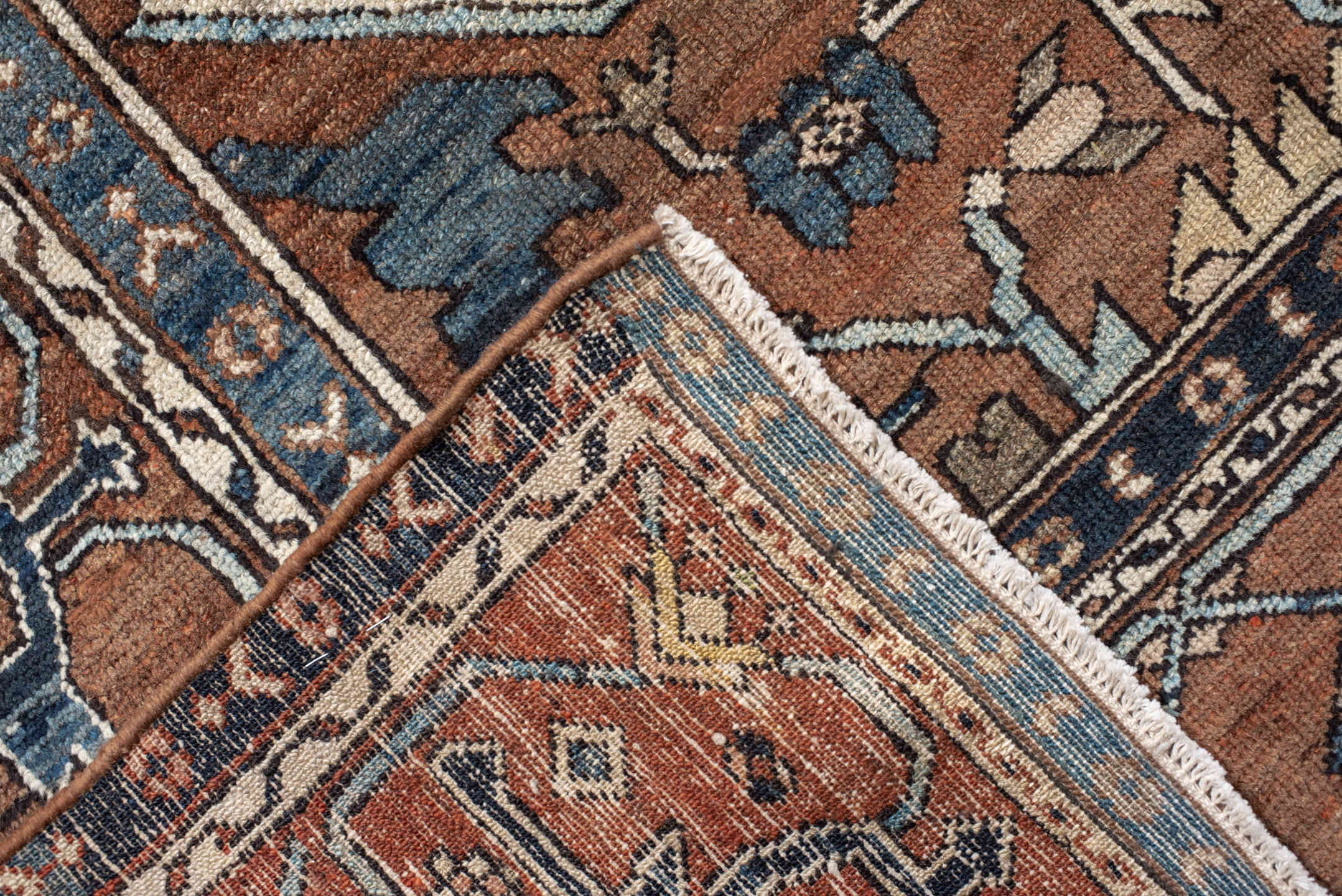 11' x 14' one-of-a-kind handmade vintage Serapi oversize rug. Color palette: gray, blue, brown, black, off-white, dark gray