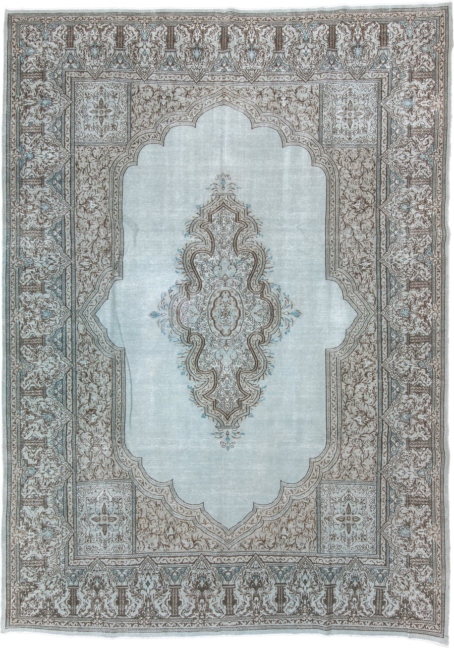 9' x 12' one-of-a-kind handmade vintage  large size rug. Color palette: pale blue, ivory, taupe, brown, sky blue, light blue