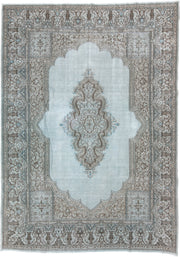 9' x 12' one-of-a-kind handmade vintage large size rug. Color palette: pale blue, ivory, taupe, brown, sky blue, light blue