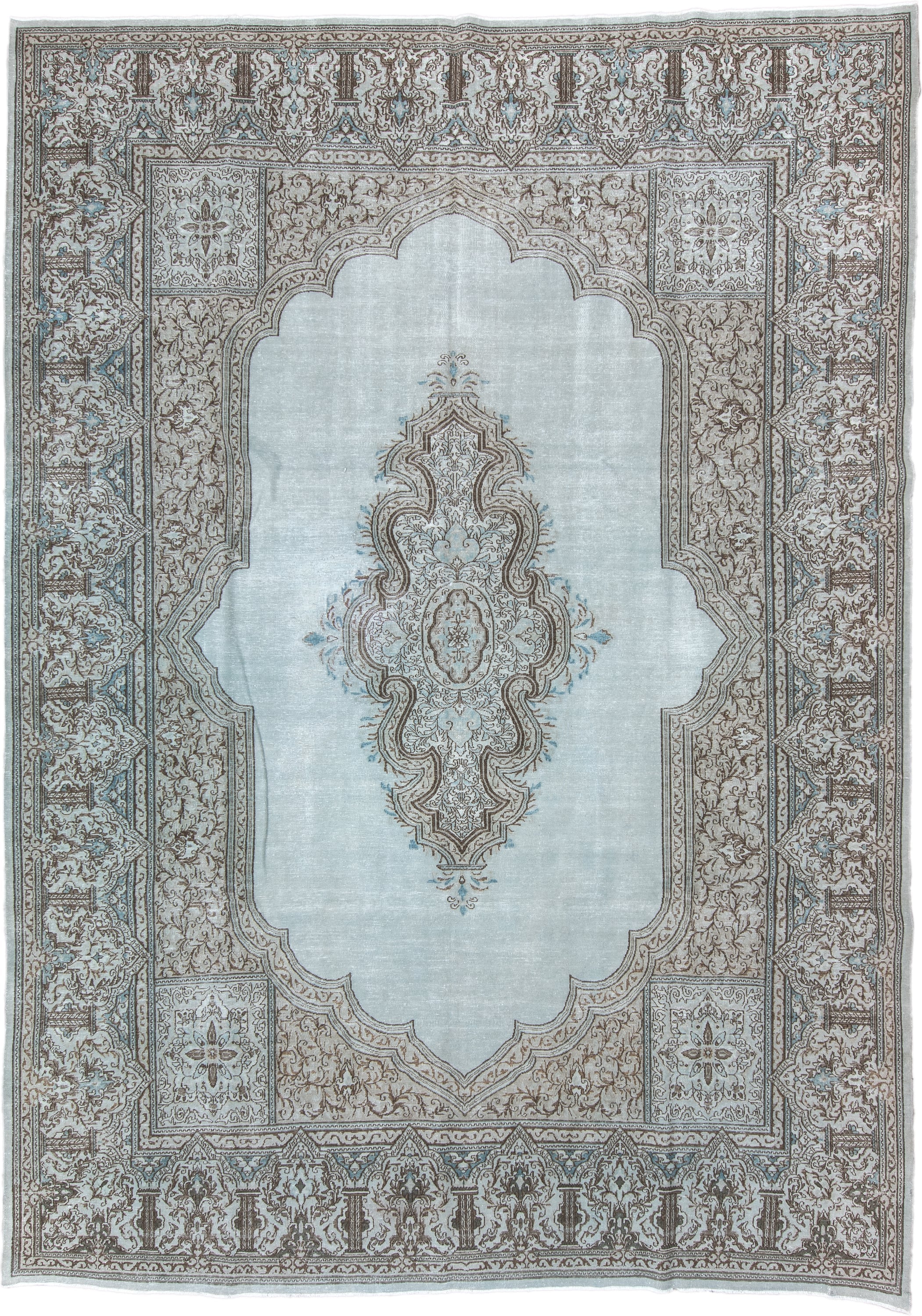 9' x 12' one-of-a-kind handmade vintage  large size rug. Color palette: pale blue, ivory, taupe, brown, sky blue, light blue