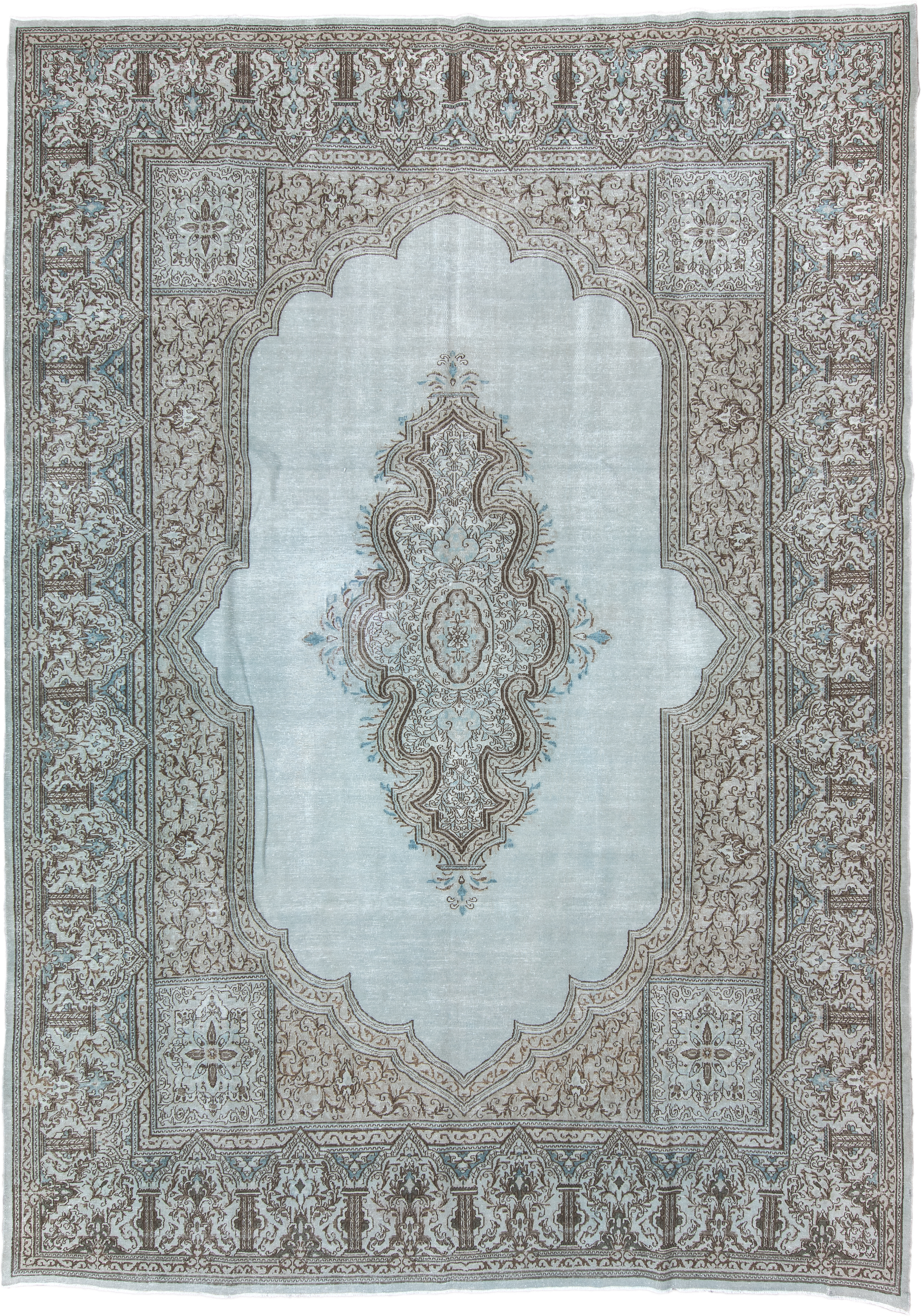 9' x 12' one-of-a-kind handmade vintage  large size rug. Color palette: pale blue, ivory, taupe, brown, sky blue, light blue