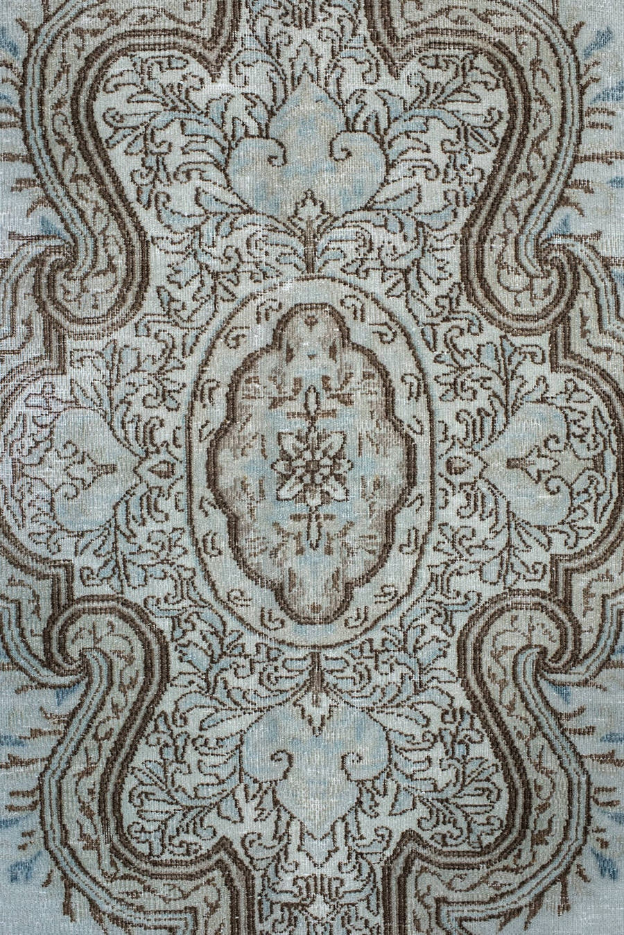 9' x 12' one-of-a-kind handmade vintage  large size rug. Color palette: pale blue, ivory, taupe, brown, sky blue, light blue