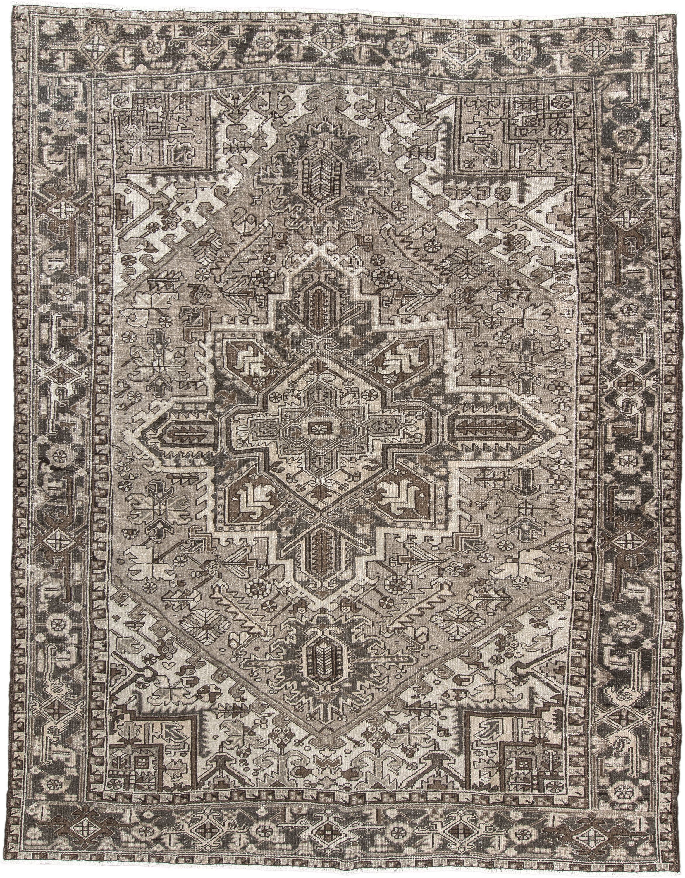 8' x 11' one-of-a-kind handmade vintage Heriz large size rug. Color palette: ivory, brown, taupe, charcoal, beige, gray