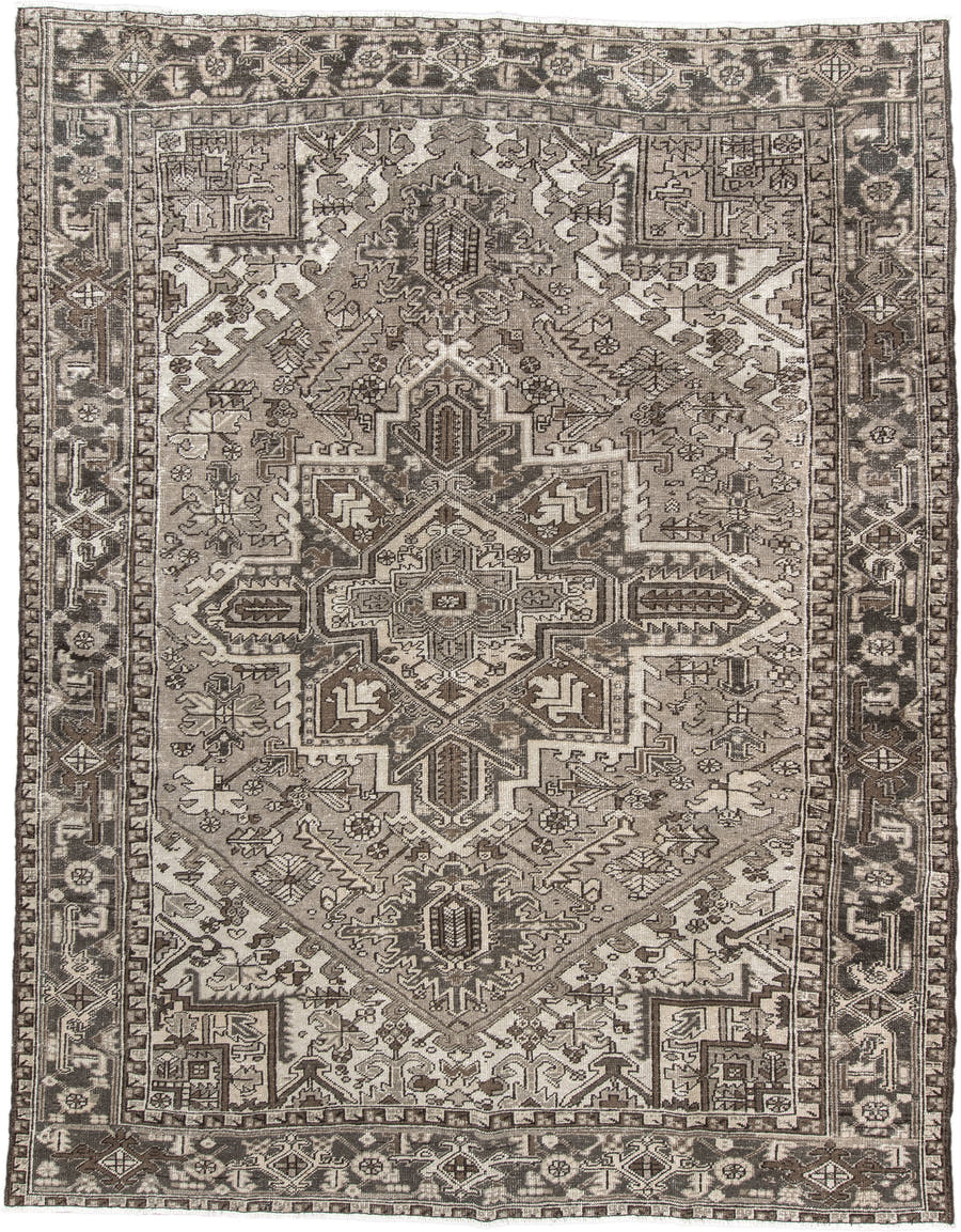 8' x 11' one-of-a-kind handmade vintage Heriz large size rug. Color palette: ivory, brown, taupe, charcoal, beige, gray