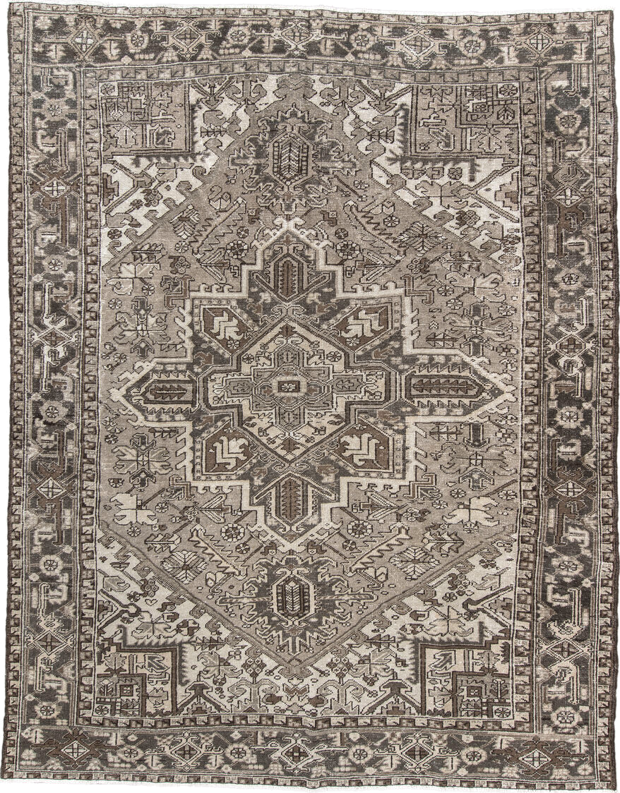 8' x 11' one-of-a-kind handmade vintage Heriz large size rug. Color palette: ivory, brown, taupe, charcoal, beige, gray