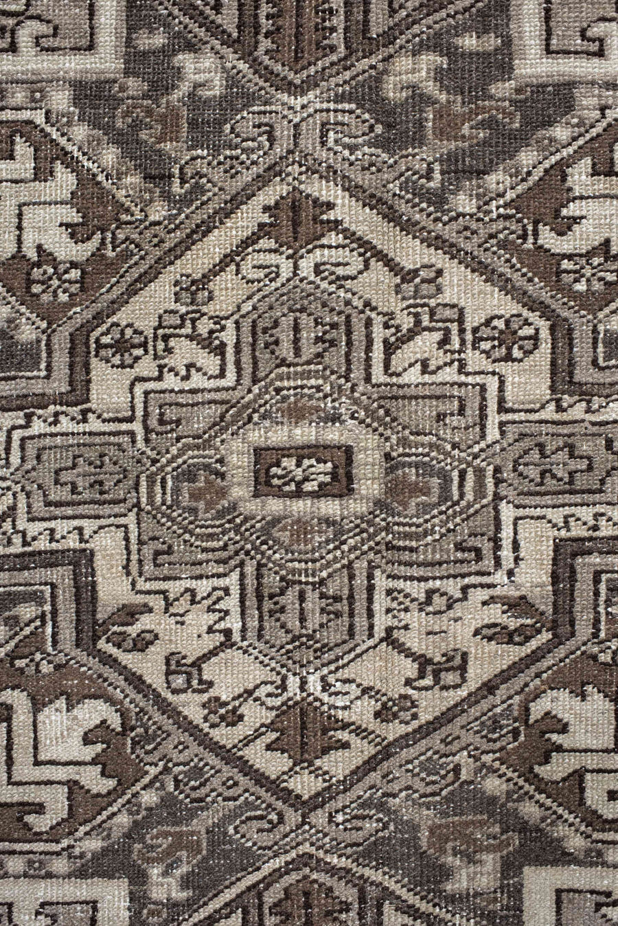 8' x 11' one-of-a-kind handmade vintage Heriz large size rug. Color palette: ivory, brown, taupe, charcoal, beige, gray