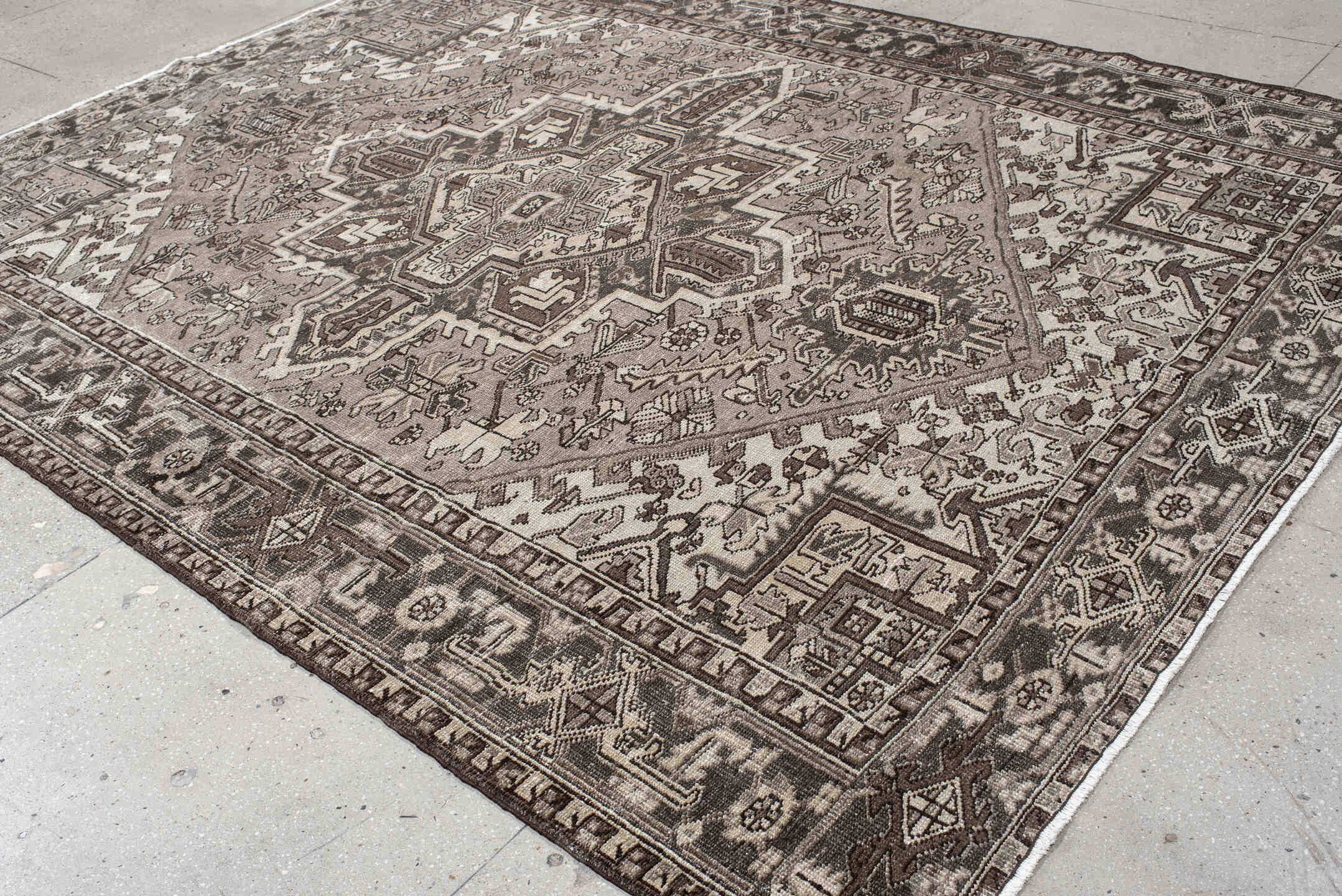 8' x 11' one-of-a-kind handmade vintage Heriz large size rug. Color palette: ivory, brown, taupe, charcoal, beige, gray