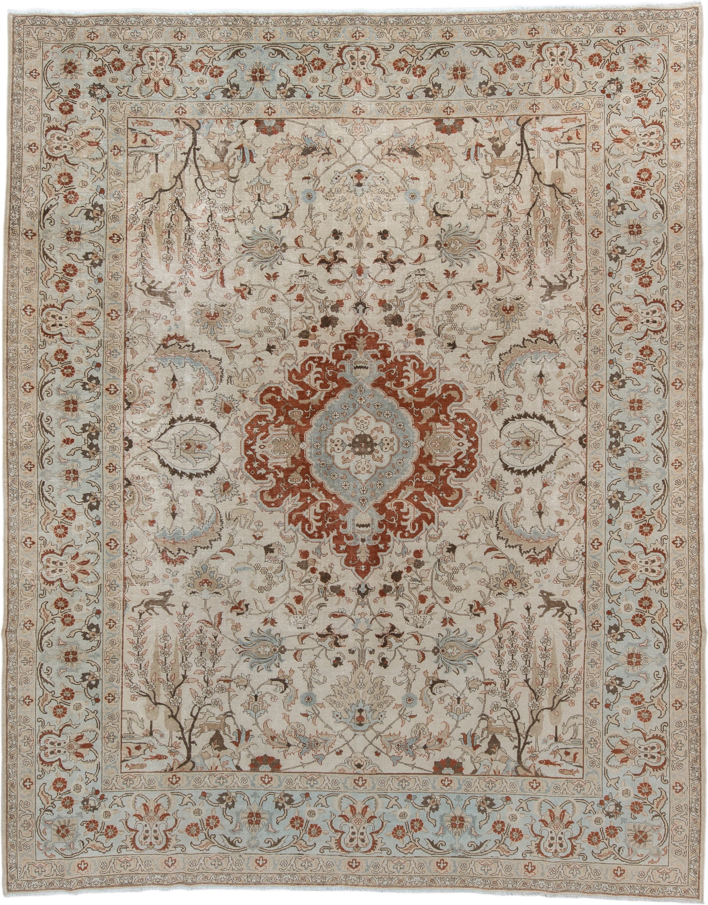 10' x 12' one-of-a-kind handmade vintage Tabriz large size rug. Color palette: terra cotta, blue, ivory, taupe, charcoal