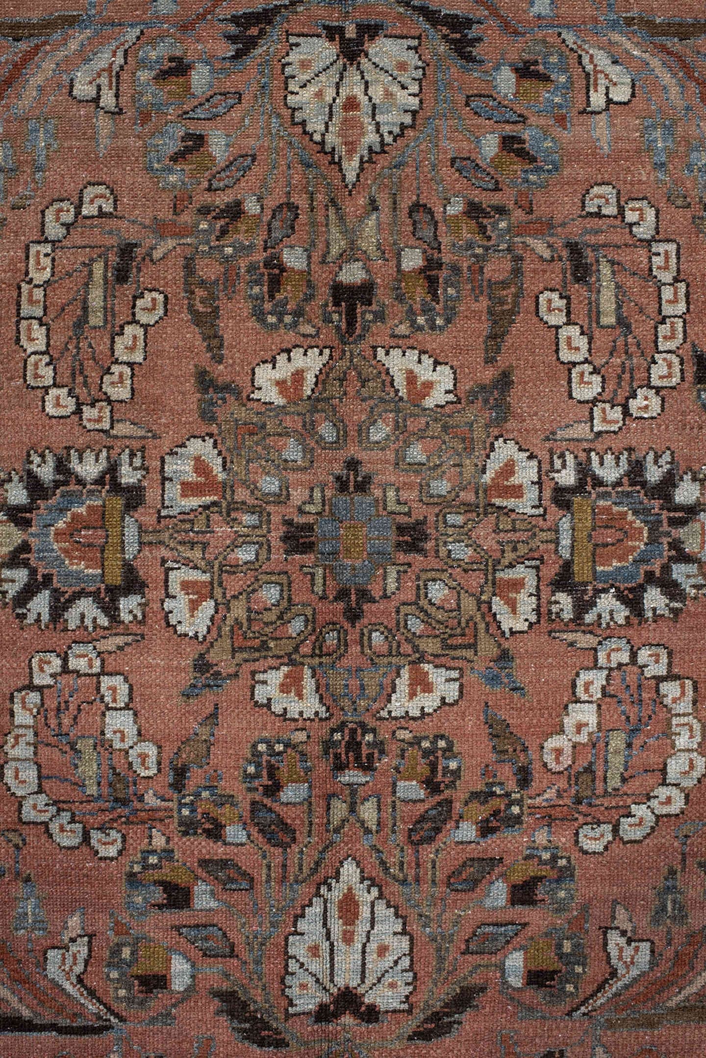 10' x 12' one-of-a-kind handmade vintage Tabriz large size rug. Color palette: terra cotta, blue, ivory, taupe, charcoal