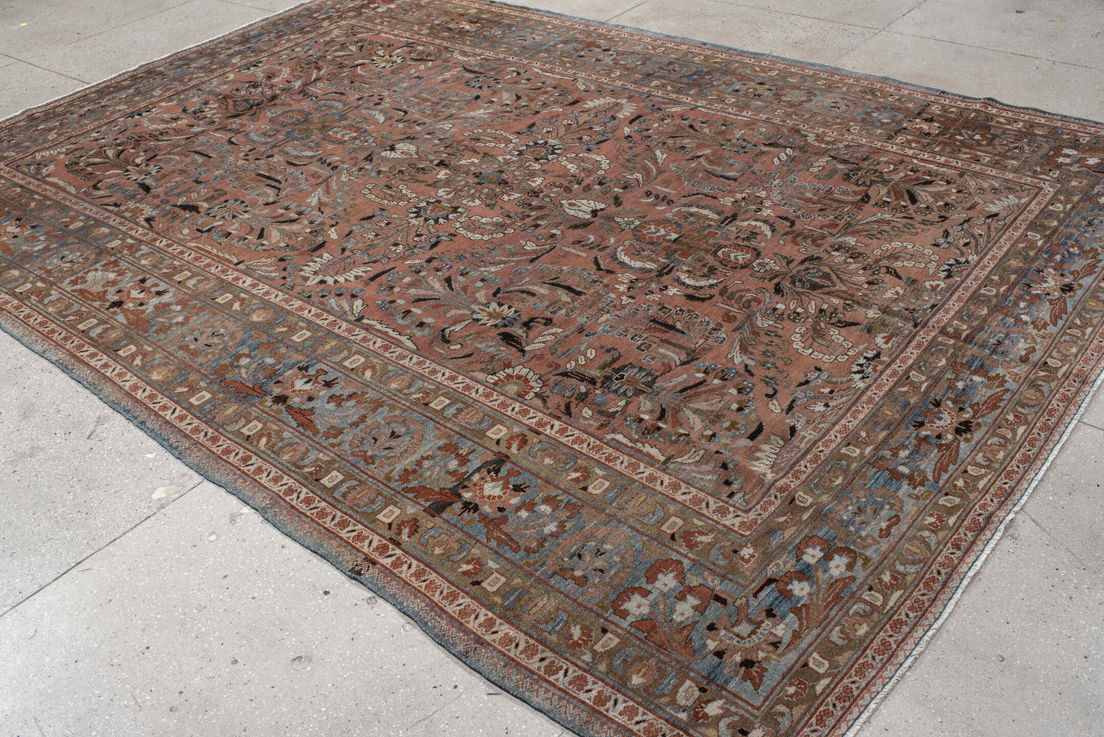 10' x 12' one-of-a-kind handmade vintage Tabriz large size rug. Color palette: terra cotta, blue, ivory, taupe, charcoal