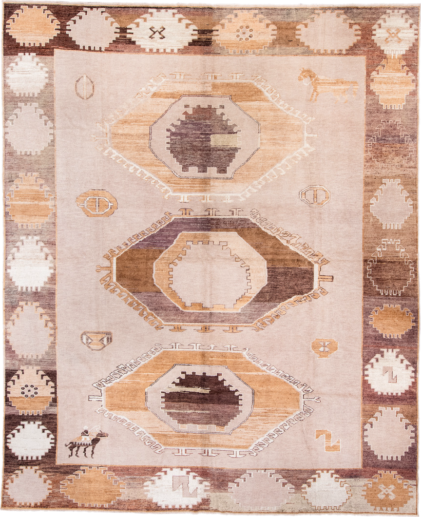 11' x 14' one-of-a-kind handmade vintage Kars oversize rug. Color palette: blush, camel, ivory, brown, taupe, cream, pink
