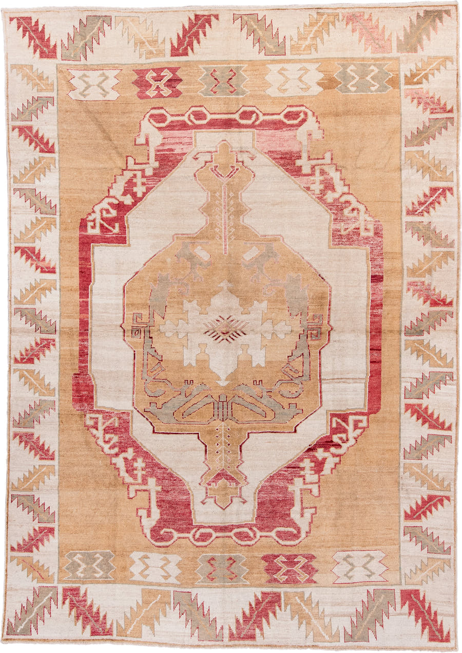 9' x 13' one-of-a-kind handmade vintage Kars large size rug. Color palette: camel, ivory, rose, taupe, sage, beige, pink
