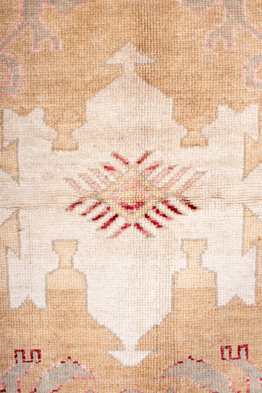 9' x 13' one-of-a-kind handmade vintage Kars large size rug. Color palette: camel, ivory, rose, taupe, sage, beige, pink