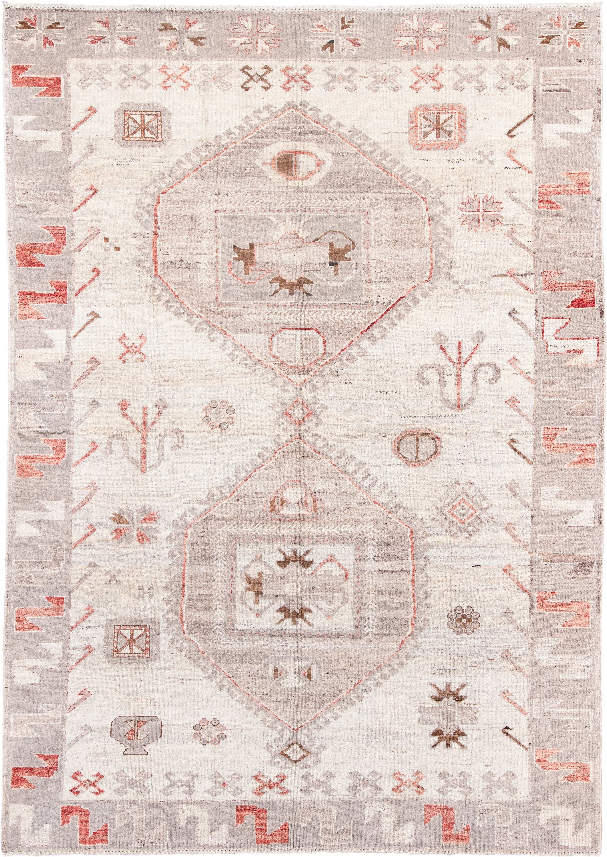 9' x 12' one-of-a-kind handmade vintage Kars large size rug. Color palette: ivory, taupe, light gray, coral, brown, beige