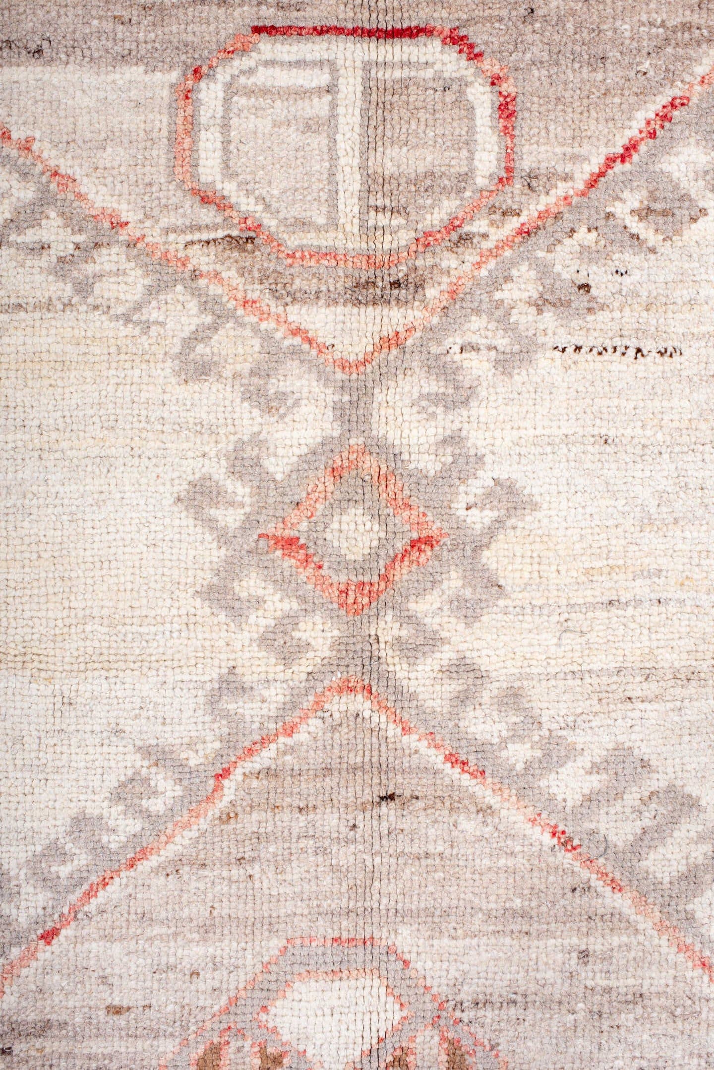 9' x 12' one-of-a-kind handmade vintage Kars large size rug. Color palette: ivory, taupe, light gray, coral, brown, beige