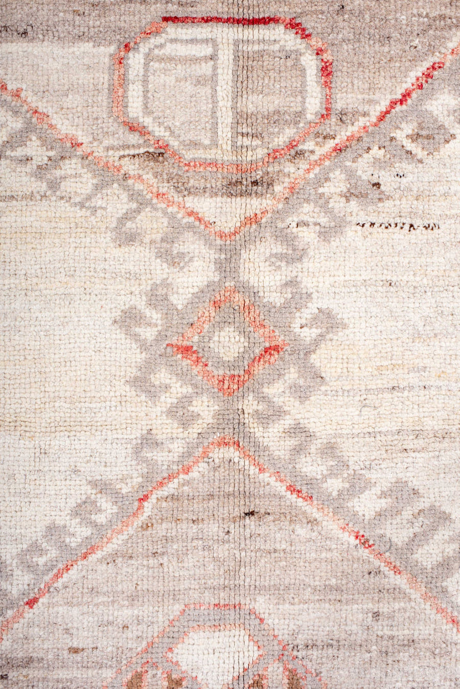 9' x 12' one-of-a-kind handmade vintage Kars large size rug. Color palette: ivory, taupe, light gray, coral, brown, beige