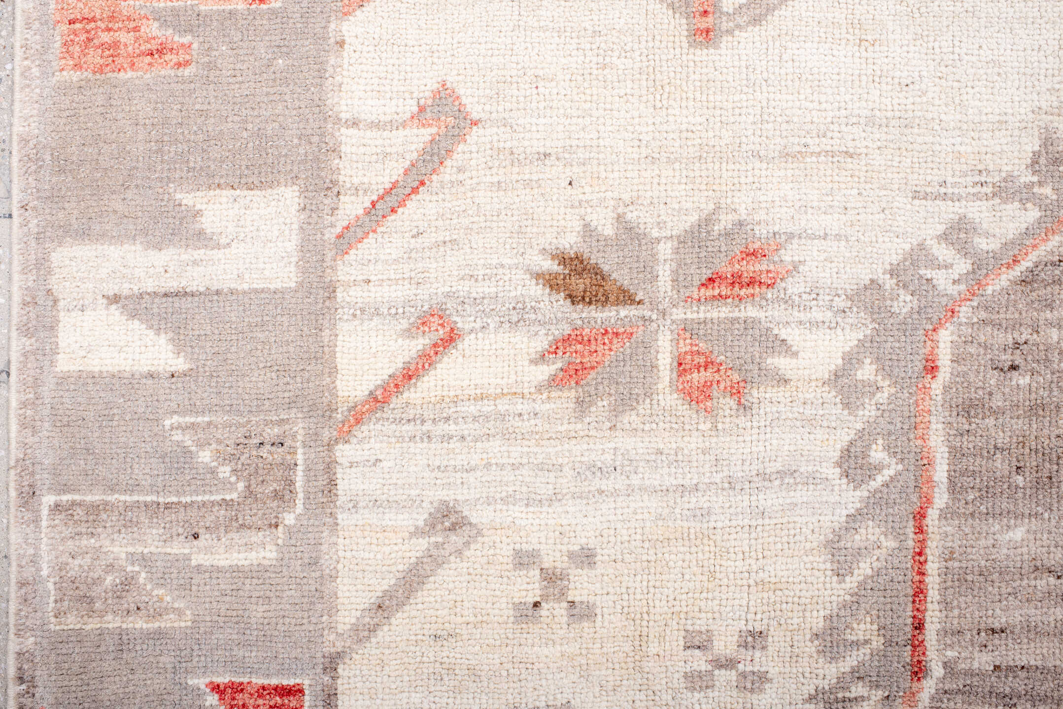 9' x 12' one-of-a-kind handmade vintage Kars large size rug. Color palette: ivory, taupe, light gray, coral, brown, beige