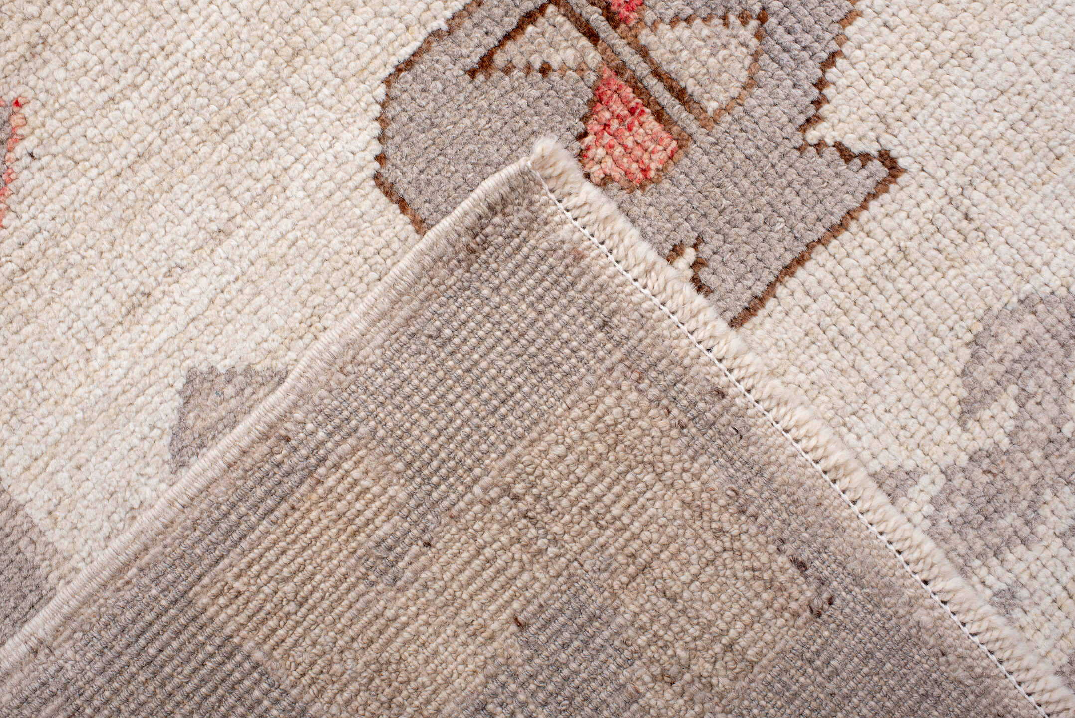 9' x 12' one-of-a-kind handmade vintage Kars large size rug. Color palette: ivory, taupe, light gray, coral, brown, beige