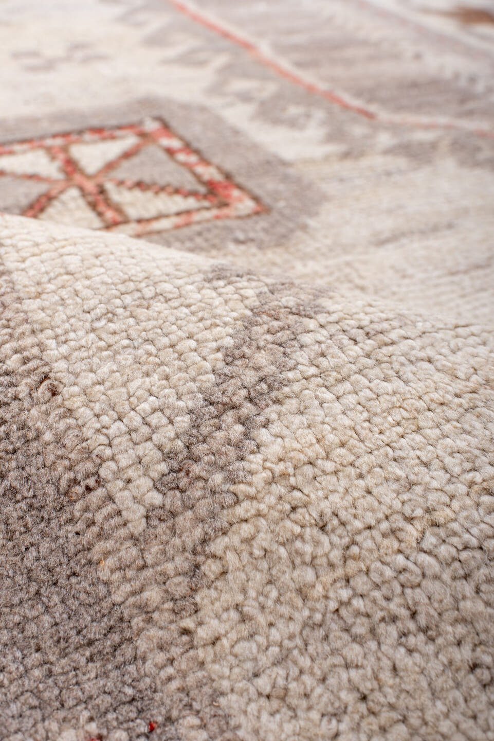 9' x 12' one-of-a-kind handmade vintage Kars large size rug. Color palette: ivory, taupe, light gray, coral, brown, beige