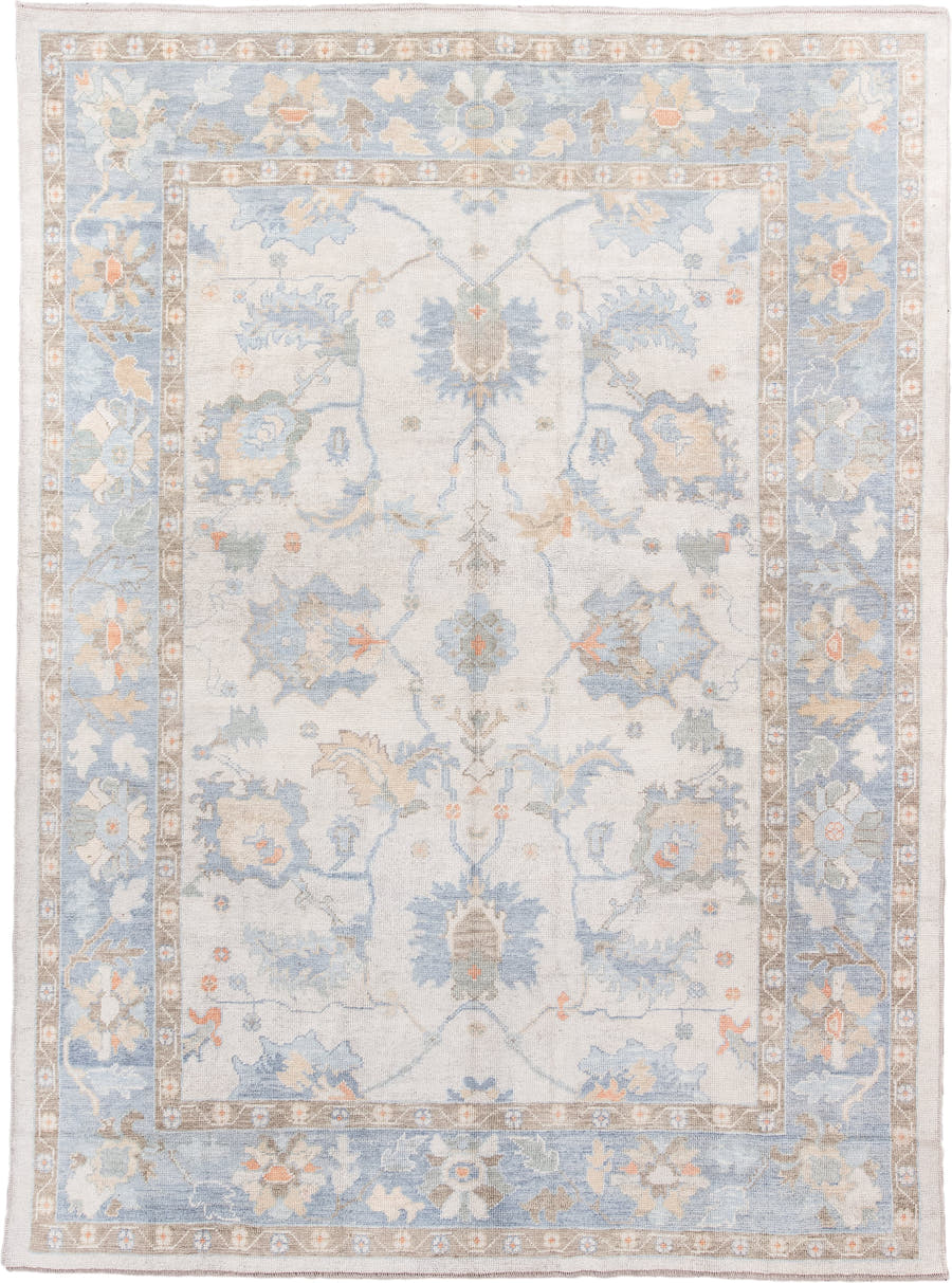 8' x 11' one-of-a-kind handmade vintage Oushak large size rug. Color palette: ivory, powder blue, taupe, soft peach, cream