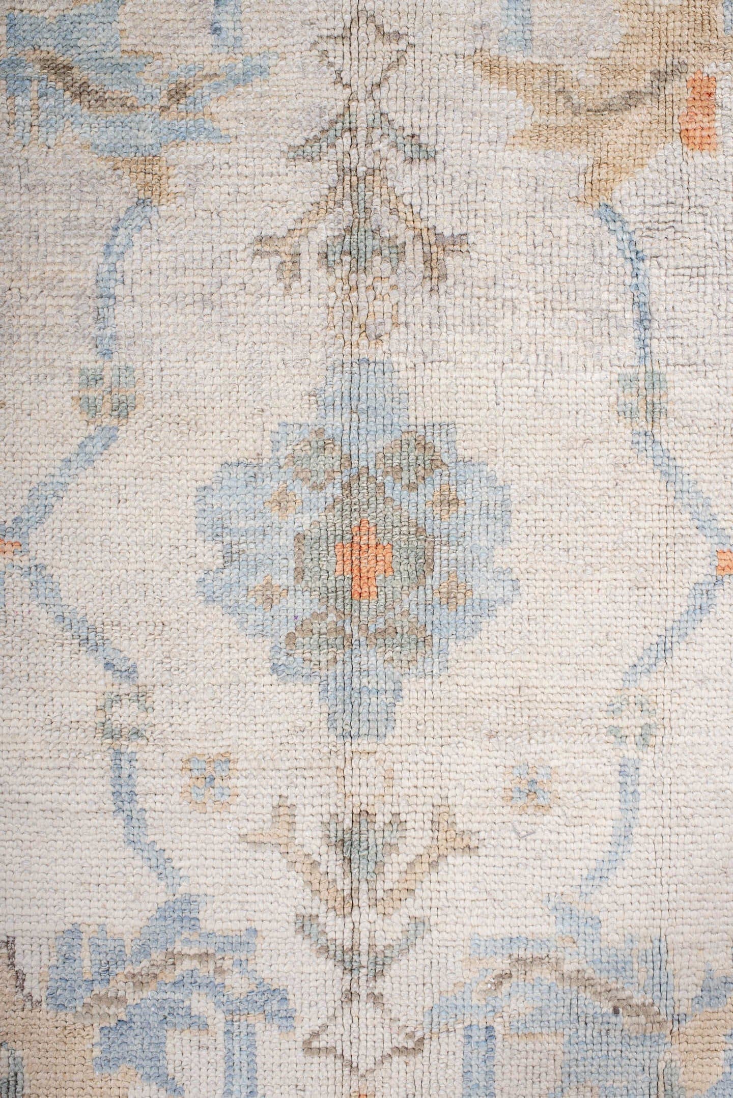 8' x 11' one-of-a-kind handmade vintage Oushak large size rug. Color palette: ivory, powder blue, taupe, soft peach, cream