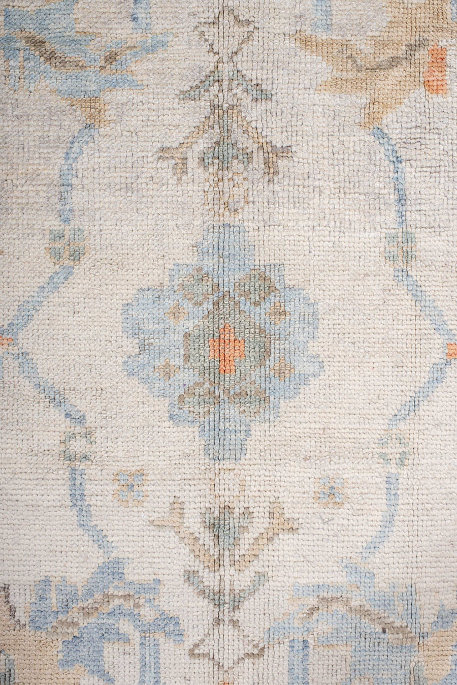 8' x 11' one-of-a-kind handmade vintage Oushak large size rug. Color palette: ivory, powder blue, taupe, soft peach, cream