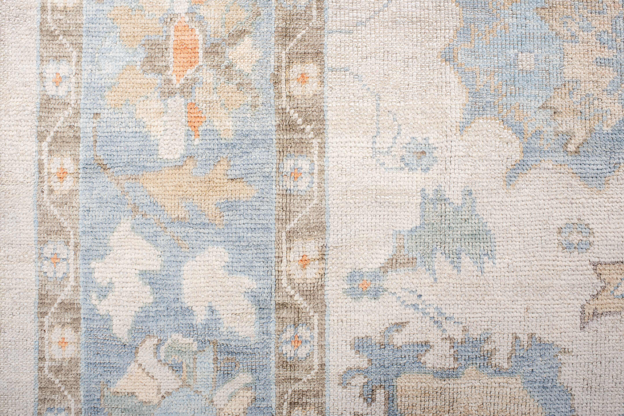 8' x 11' one-of-a-kind handmade vintage Oushak large size rug. Color palette: ivory, powder blue, taupe, soft peach, cream