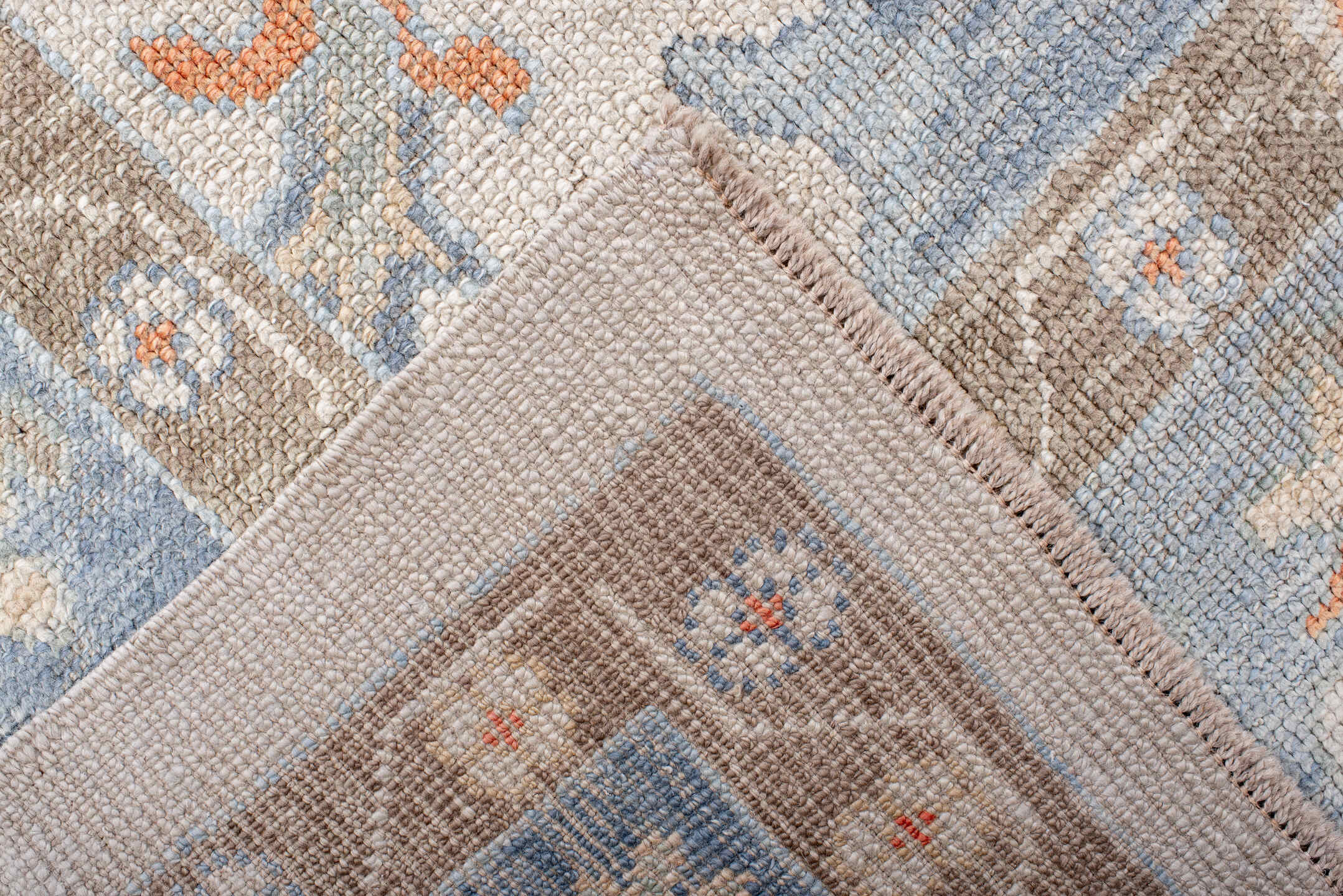 8' x 11' one-of-a-kind handmade vintage Oushak large size rug. Color palette: ivory, powder blue, taupe, soft peach, cream
