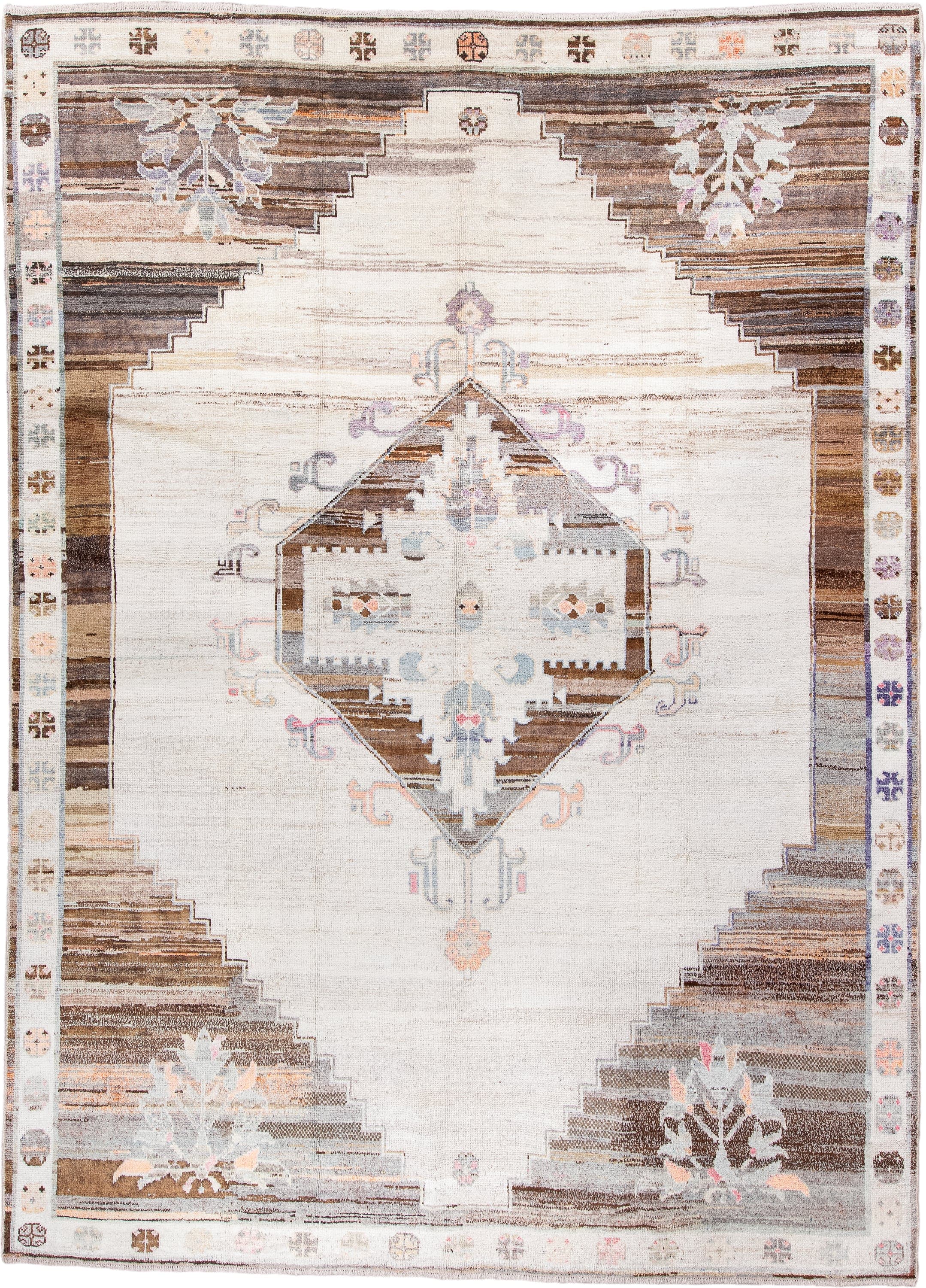10' x 13' one-of-a-kind handmade vintage Kars large size rug. Color palette: ivory, brown, taupe, camel, pale blue, lavender