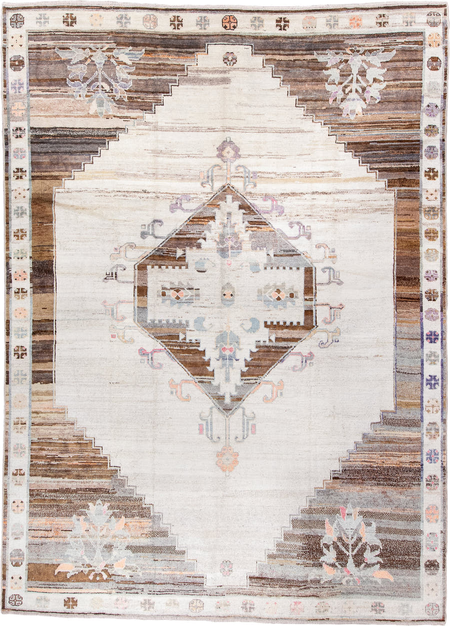10' x 13' one-of-a-kind handmade vintage Kars large size rug. Color palette: ivory, brown, taupe, camel, pale blue, lavender