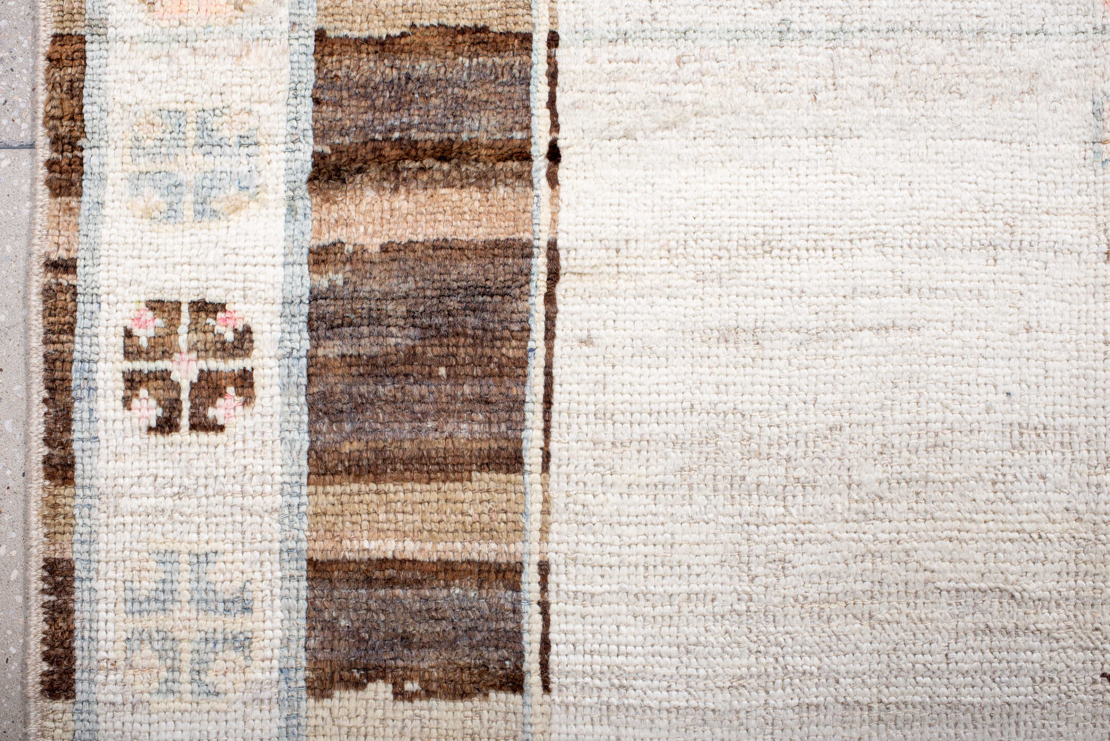 10' x 13' one-of-a-kind handmade vintage Kars large size rug. Color palette: ivory, brown, taupe, camel, pale blue, lavender