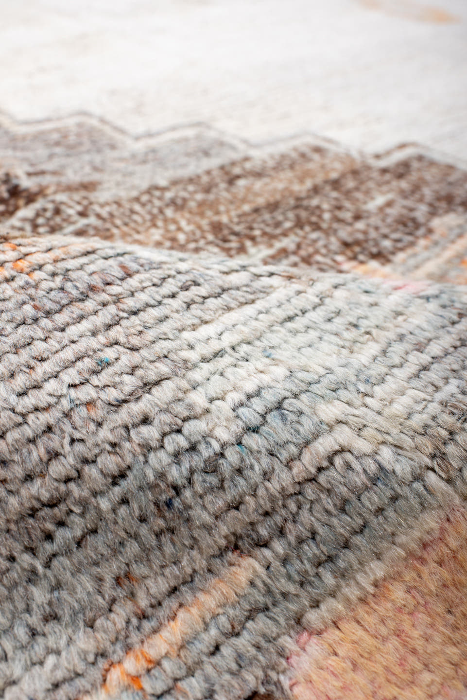 10' x 13' one-of-a-kind handmade vintage Kars large size rug. Color palette: ivory, brown, taupe, camel, pale blue, lavender