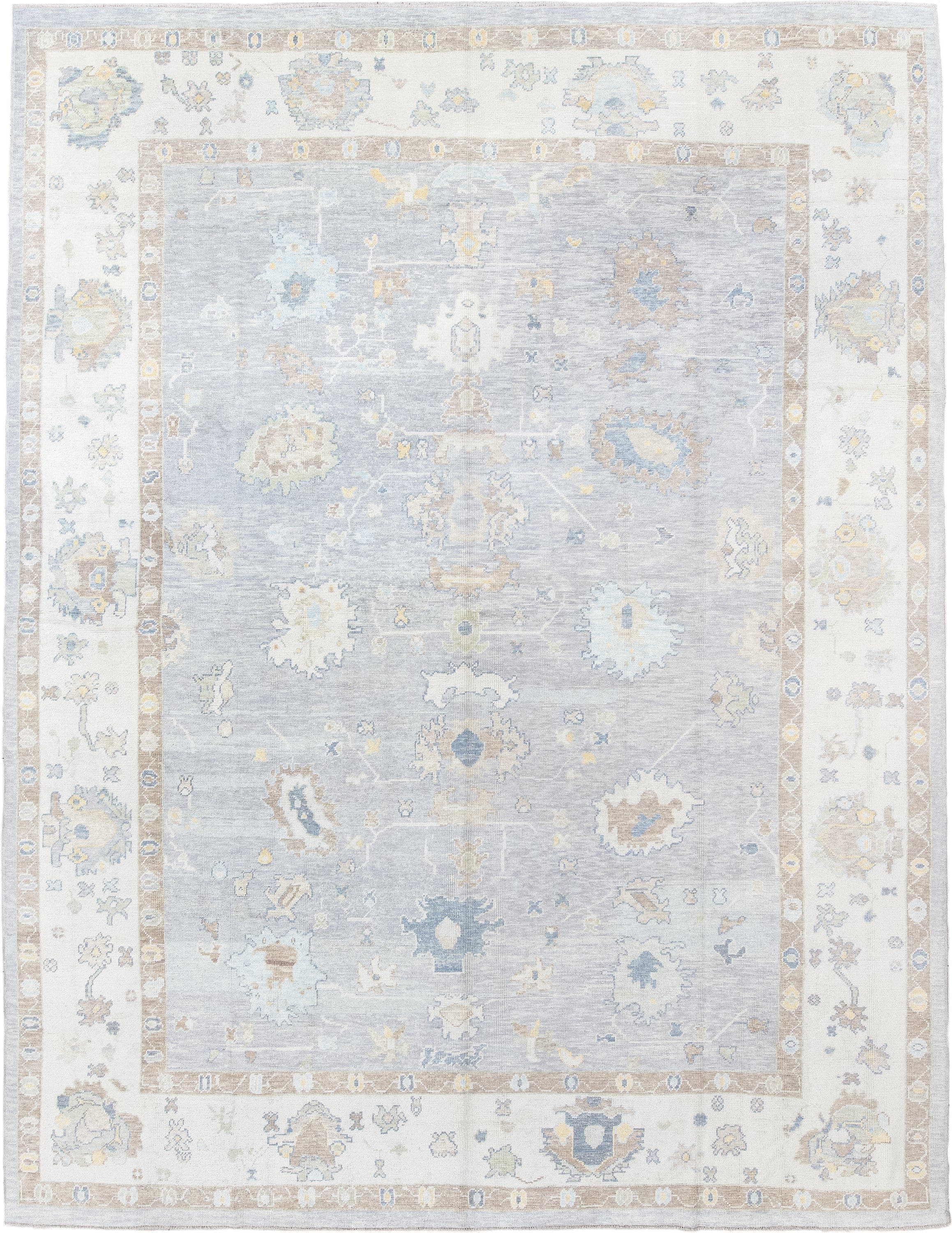 13' x 18' one-of-a-kind handmade vintage Oushak oversize rug. Color palette: pale blue, ivory, taupe, beige, gold