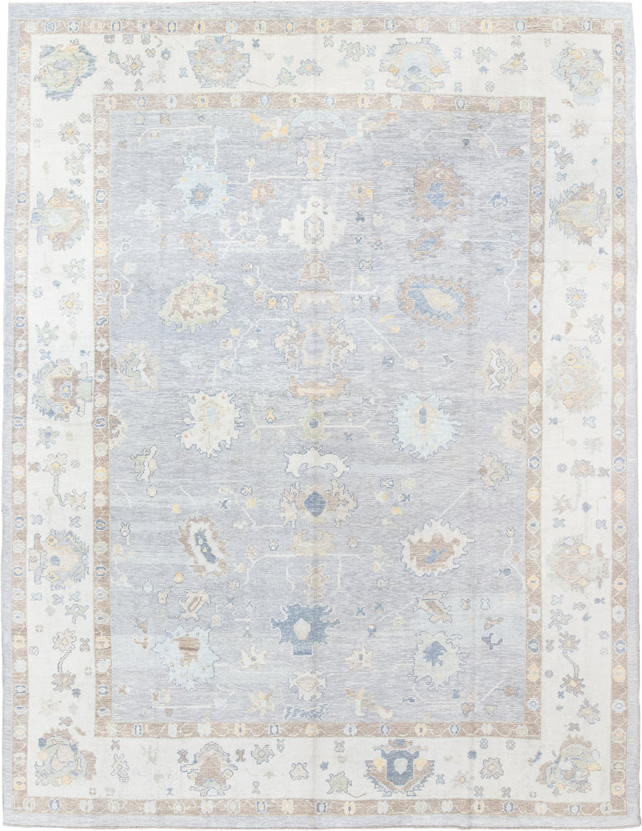 13' x 18' one-of-a-kind handmade vintage Oushak oversize rug. Color palette: pale blue, ivory, taupe, beige, gold