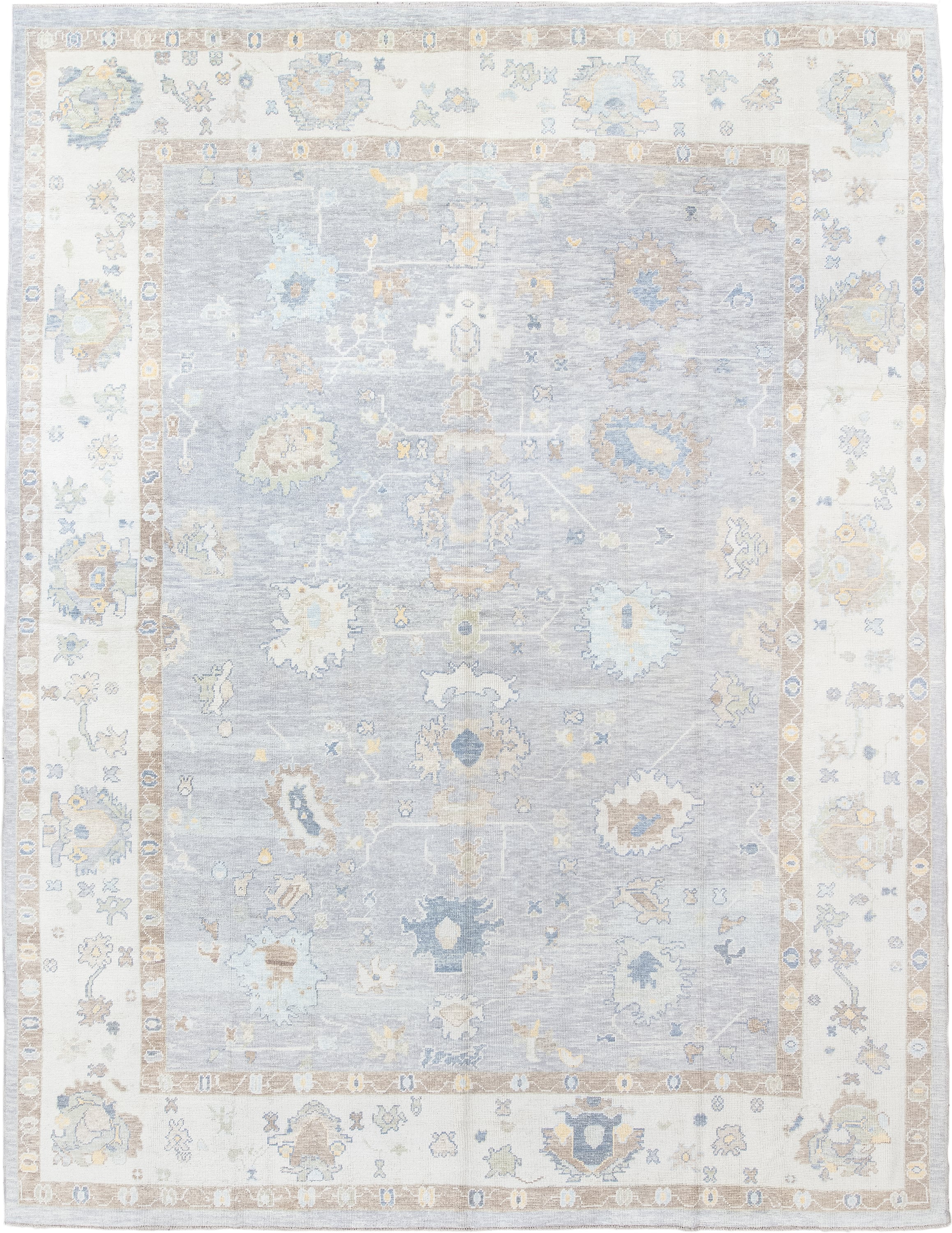 13' x 18' one-of-a-kind handmade vintage Oushak oversize rug. Color palette: pale blue, ivory, taupe, beige, gold