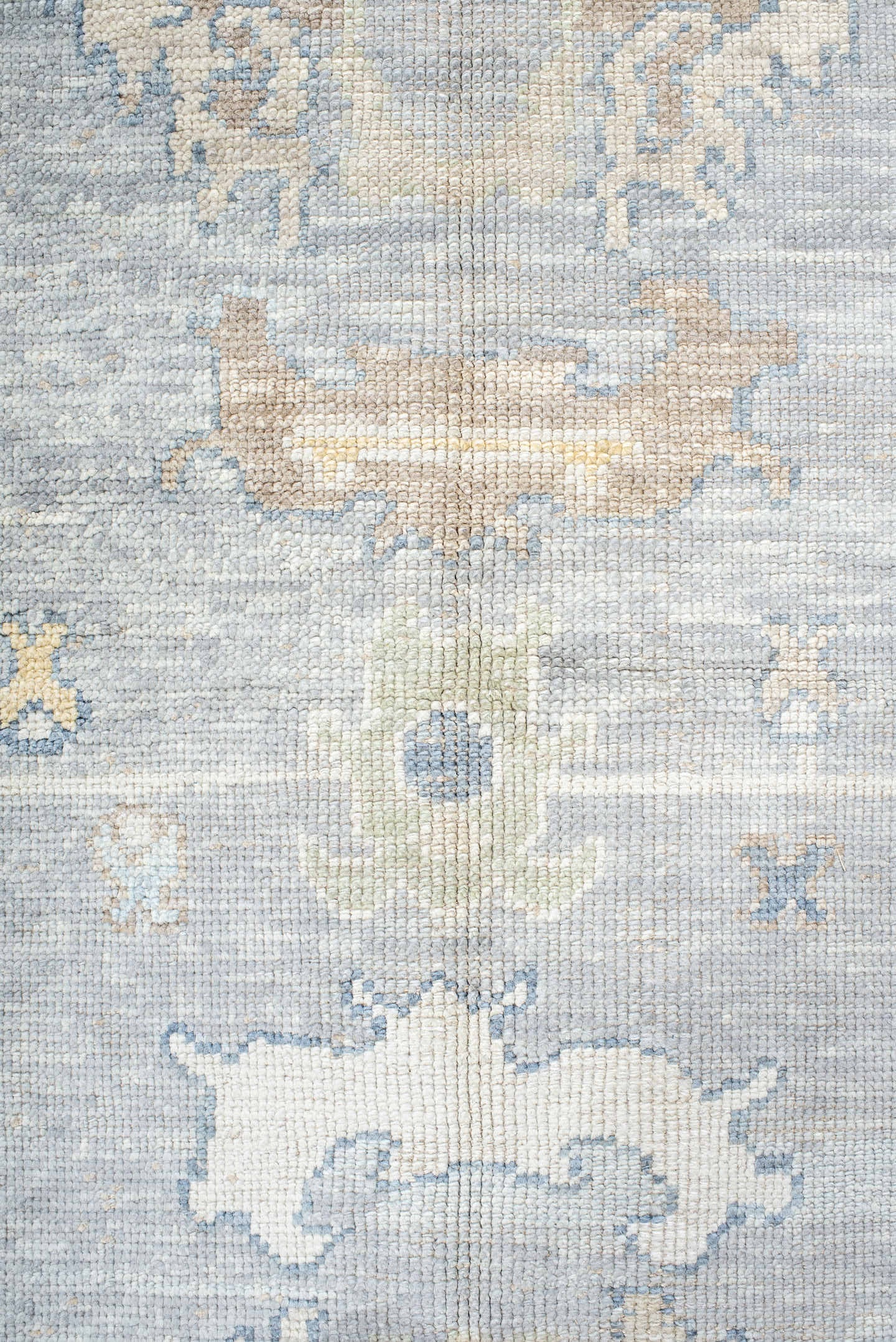 13' x 18' one-of-a-kind handmade vintage Oushak oversize rug. Color palette: pale blue, ivory, taupe, beige, gold