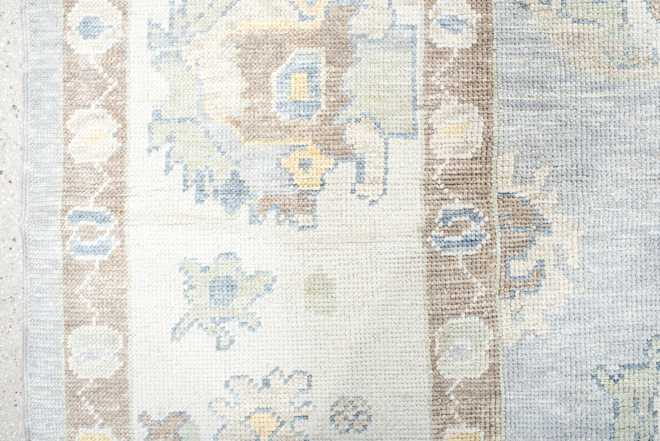 13' x 18' one-of-a-kind handmade vintage Oushak oversize rug. Color palette: pale blue, ivory, taupe, beige, gold